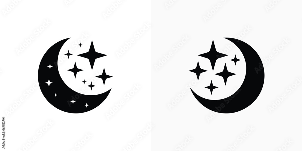 Crescent Moon with Stars Icon, Black Silhouette on White, Celestial Night Symbol Set Crescent Moon with Stars Icon, Black Silhouette on White, Celestial Night Symbol Set
