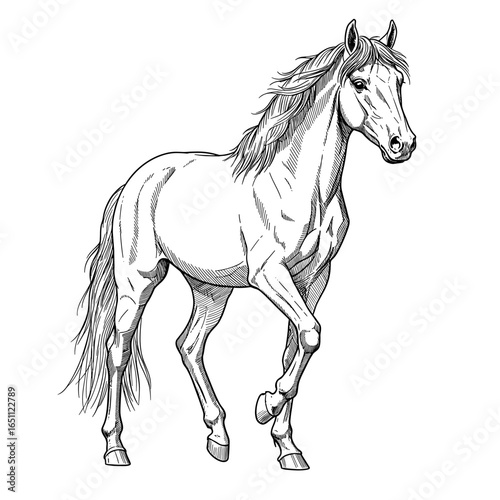 A detailed monochrome illustration of a horse walking with its legs raised.