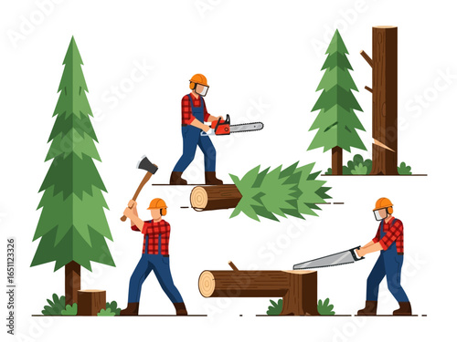 Lumberjack's Craft: A graphic illustration of lumberjacks demonstrating the craft of forestry, featuring essential tools and detailed steps.