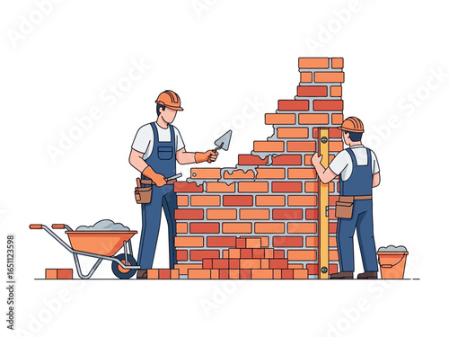 Building Brick Wall Construction: Two construction workers collaborate to build a sturdy brick wall, a testament to their dedication and skill in crafting a solid structure.