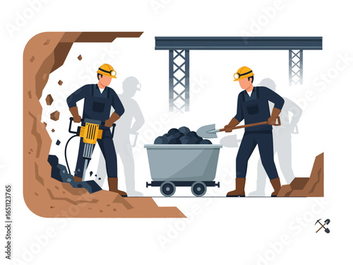 Mining Industry: Two diligent miners working inside a mine, the first one using a jackhammer while the other one uses a shovel, focusing on industry and extraction. 
