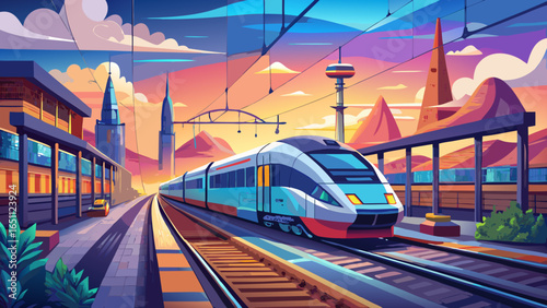 Modern high speed commuter train on the railway station and colorful sky with clouds at sunset in Europe. Industrial landscape with blue passenger train on railway platform. Railroad 