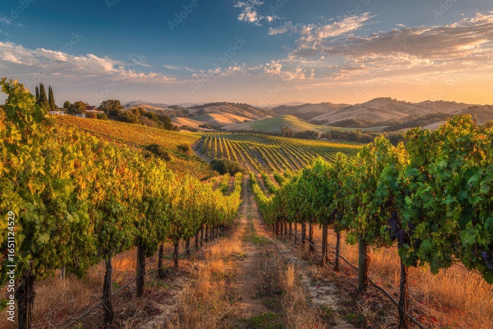 Fototapeta premium Panoramic vineyard landscape at sunset