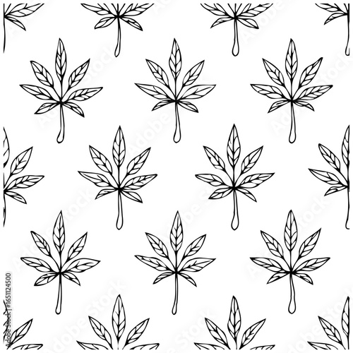 Seamless botanical pattern with simple stylized hemp leaves for textile and surface decoration and design artistic