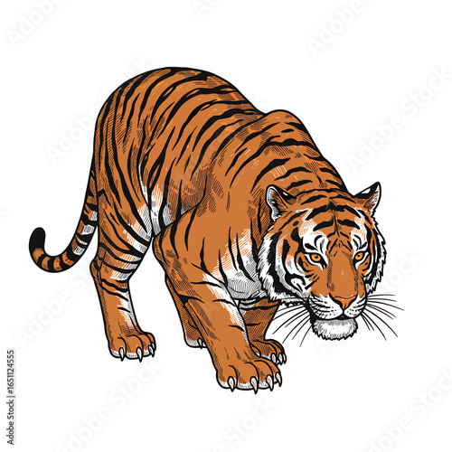 Illustration of a tiger in a stalking pose, rendered in a detailed, graphic style with orange and black stripes.