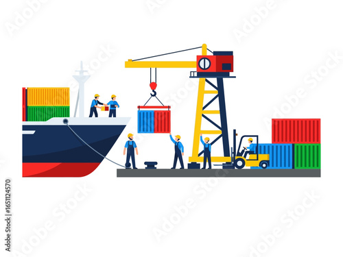 Shipping Cargo Loading Process: A cargo ship docks at the harbor. Crane lifts container with workers coordinating the procedure with a crane and loading the shipment