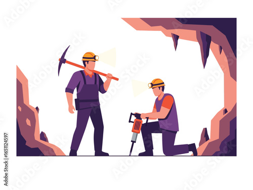 Miners at Work: Two diligent miners toil within the depths of a cave, one wielding a pickaxe and the other operating a jackhammer, the harsh conditions reflecting the dedication to their craft.
