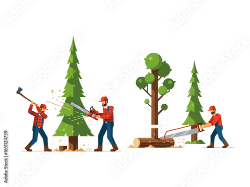 Lumberjack at Work: A lumberjack's hard work chopping and cutting trees with ax and chainsaw, depicting a lumberjack's everyday.