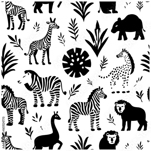 Monochrome safari silhouette pattern: Seamless tropical animalistic theme perfect for textile design and decorative vector illustrations with wildlife elements