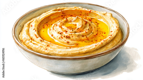Watercolor illustration of the bowl of hummus in white background