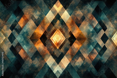 A mesmerizing symmetrical design featuring geometric shapes and a warm, inviting palette of oranges, blues, and creams, creating depth and visual interest.