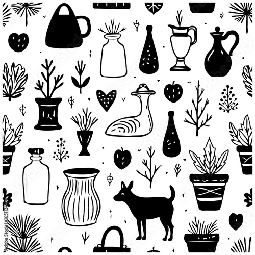 Stylish monochrome pattern featuring nature themed elements animals objects and potted plants creating unique design