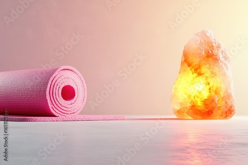 A pink yoga mat rolls out near a glowing Himalayan salt lamp in soft, peaceful light. 