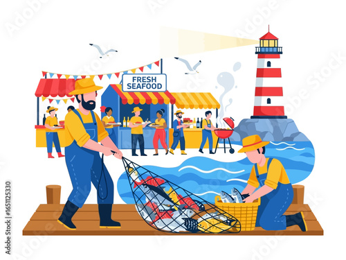 Coastal Market with Fisherman's Catch: Witness the vibrant energy of a coastal market. Fishermen haul their bountiful catch from the sea, as a lighthouse watches over the seaside activities.