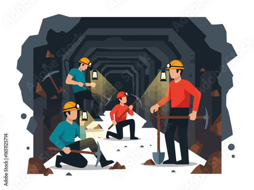 Beneath the Surface: Illustrative depiction of miners diligently at work within a cavernous mine, highlighting the dedication required to extract resources.