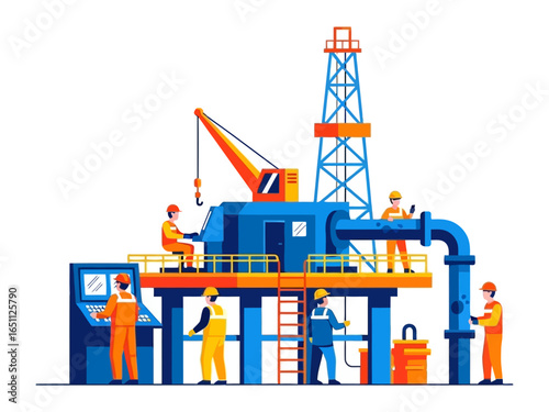 Offshore oil rig with workers: A detailed illustration depicting an offshore oil rig, teeming with diligent workers engaged in various stages of operation.