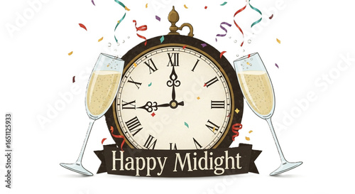 Vintage New Year postcard with clock, champagne glasses and festive garland on transparent background