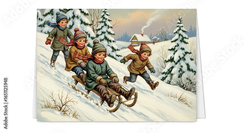 Hand-drawn snowy hill scene with joyful children sledding on transparent background, ideal for nostalgic winter holiday designs