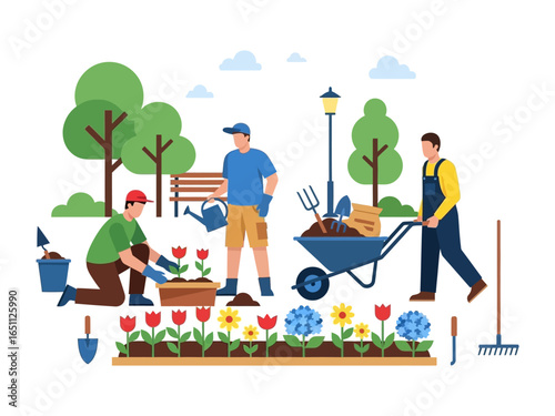 Gardeners at Work: A vibrant scene of people tending to their garden. Featuring colorful plants, tools, and a wheelbarrow, this illustration captures the essence of gardening.