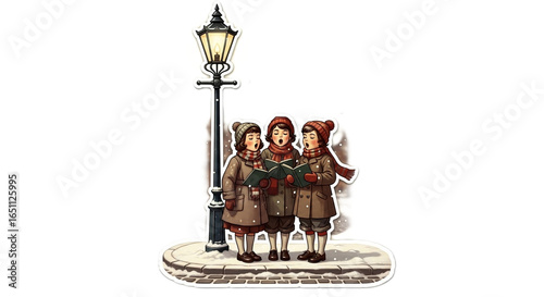 Hand drawn vintage Christmas postcard of children singing carols at night with glowing lanterns, created on transparent background for versatile holiday design use