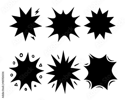 Versatile black starburst vector set featuring six unique badge and label shapes with sharp, decorative edges. Ideal for branding, packaging, and promotional design.