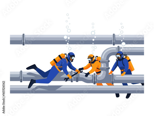 Underwater Teamwork: A team of professional divers collaborate beneath the water to repair a pipeline.