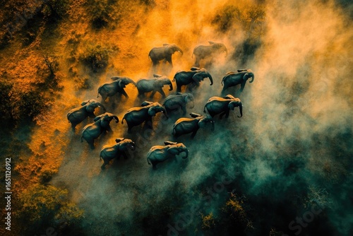 Aerial view of elephants migrating in a V-formation through a hazy, golden landscape, bathed in warm light and cool shadows.
