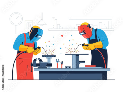 Artisans at Work: A captivating visual of skilled artisans engaged in the intricate craft of welding, their focused expressions a testament to their mastery. The scene is enriched with dynamic detail.