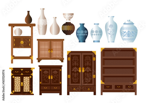 Korean Traditional Old Furniture and Pottery Bowl Collection. Korean Holiday Decoration Elements