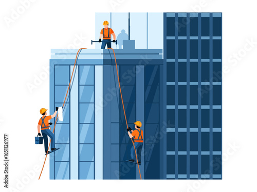 Cleaning windows in skycrapers: High-rise window cleaners, suspended by ropes, methodically remove dirt and grime from the expansive glass facade, epitomizing the city's clean and modern exterior.