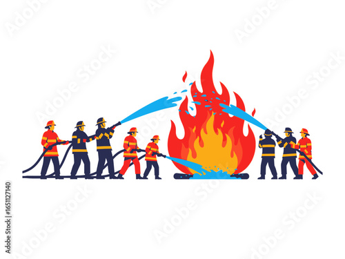 Firefighters at Work: Firefighters bravely battle a raging inferno, their focused teamwork and courage on full display as they use powerful hoses to extinguish the flames.