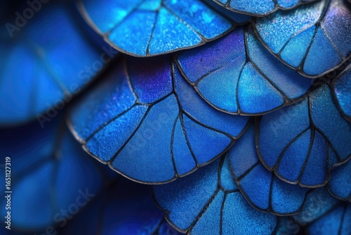Close-up of vibrant blue iridescent butterfly wings with intricate scaled texture and dark veins creating a mesmerizing abstract pattern.