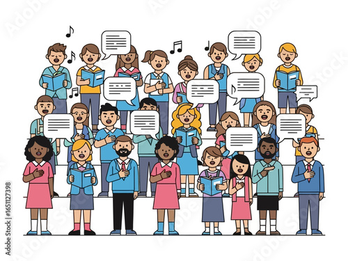 Harmonious Voices in Unity: A group of diverse individuals stands shoulder-to-shoulder, united in a symphony of voices, as they sing together.
