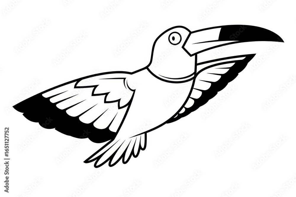 Fototapeta premium Cute flying toucan line art, simple black and white design with thick outline, perfect coloring page for kids.