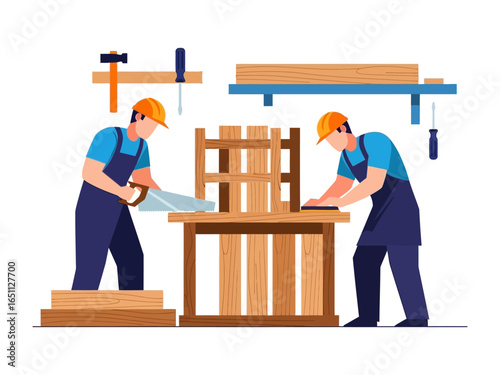 Crafting with Precision: Skilled craftsperson meticulously works, transforming raw timber into a functional piece. The illustration captures the essence of construction.