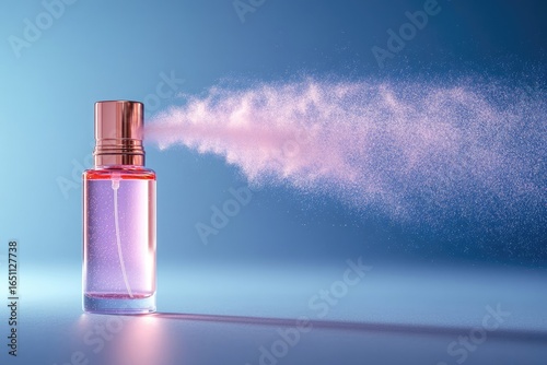 A sleek perfume bottle sprays a pink mist against a soft blue gradient background, creating an elegant fragrance advertisement.