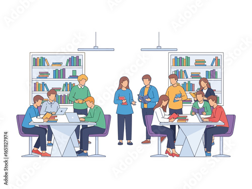 Collaboration and Study: Illustration depicting a scene of a well-lit library, showcasing the active participation and collective learning within a group of diverse students engaged in their studies.
