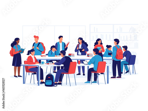 Collective Minds: An illustration depicts students in a learning environment, focusing on collaboration and information exchange, creating an environment of intellectual and social development.