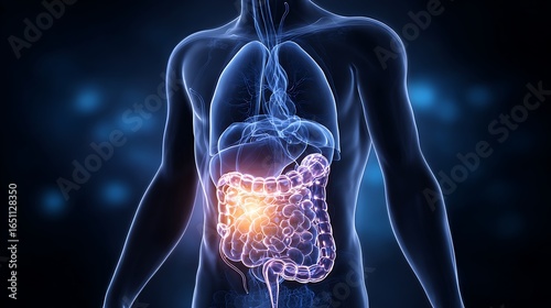 Awesome photo of gut Brain Axis. Stomach and intplies of man with highlighted stomach.