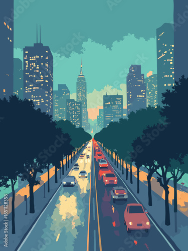 São Paulo – Avenida Paulista skyline and urban canopy at twilight, palette: concrete gray, neon teal, canopy green, lamp amber