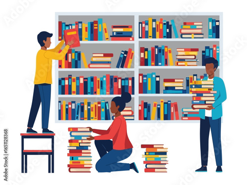Library Harmony: Capturing the essence of literature and learning, a scene depicts individuals engaged in the careful organization of books within a vibrant library setting.