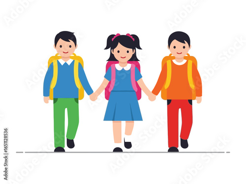 School Friends' Walk: Three young pupils hold hands and walk, radiating friendship and unity, creating a heart warming image