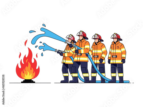 Brave Firefighters Battle Flames: A team of heroic firefighters in full gear bravely fights a roaring fire, expertly wielding powerful water hoses to douse the intense flames.