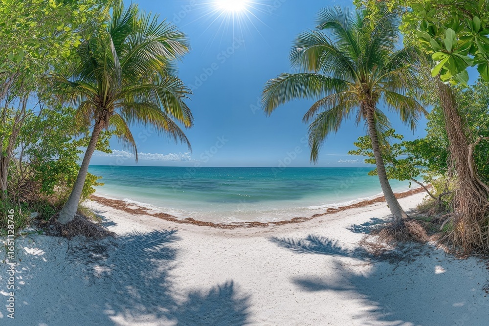 Fototapeta premium A serene tropical beach scene with palm trees framing turquoise water under a bright, sunny sky.