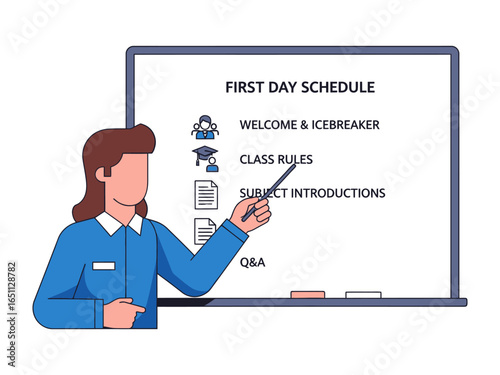First Day Schedule: Teacher Explains Classroom Plan: A friendly educator, pointer in hand, highlights the day's plan on a clear whiteboard. She is ready to embark on a new academic journey.