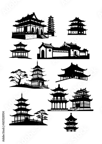 Silhouettes of Traditional Asian Pagodas and Temples