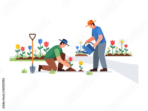 Gardening Duo: Two individuals actively engaged in the art of gardening, tending to a vibrant collection of blooming flowers, a testament to the beauty and tranquility of a well-tended garden.