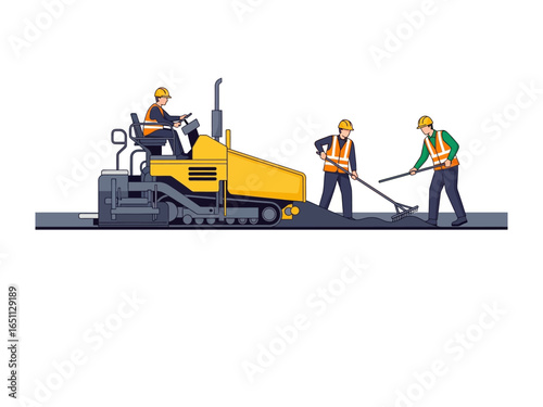 Road Construction: A scene depicts dedicated workers and heavy machinery collaborating on the construction of a new road, signifying progress and infrastructure development. 