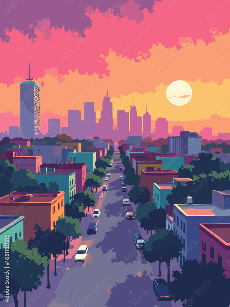 Obraz premium Johannesburg – Maboneng skyline and urban art district murals in golden hour, palette: ochre, mural teal, concrete gray, sunset magenta