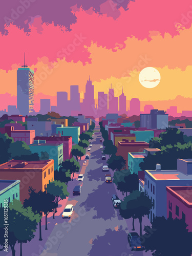 Johannesburg – Maboneng skyline and urban art district murals in golden hour, palette: ochre, mural teal, concrete gray, sunset magenta